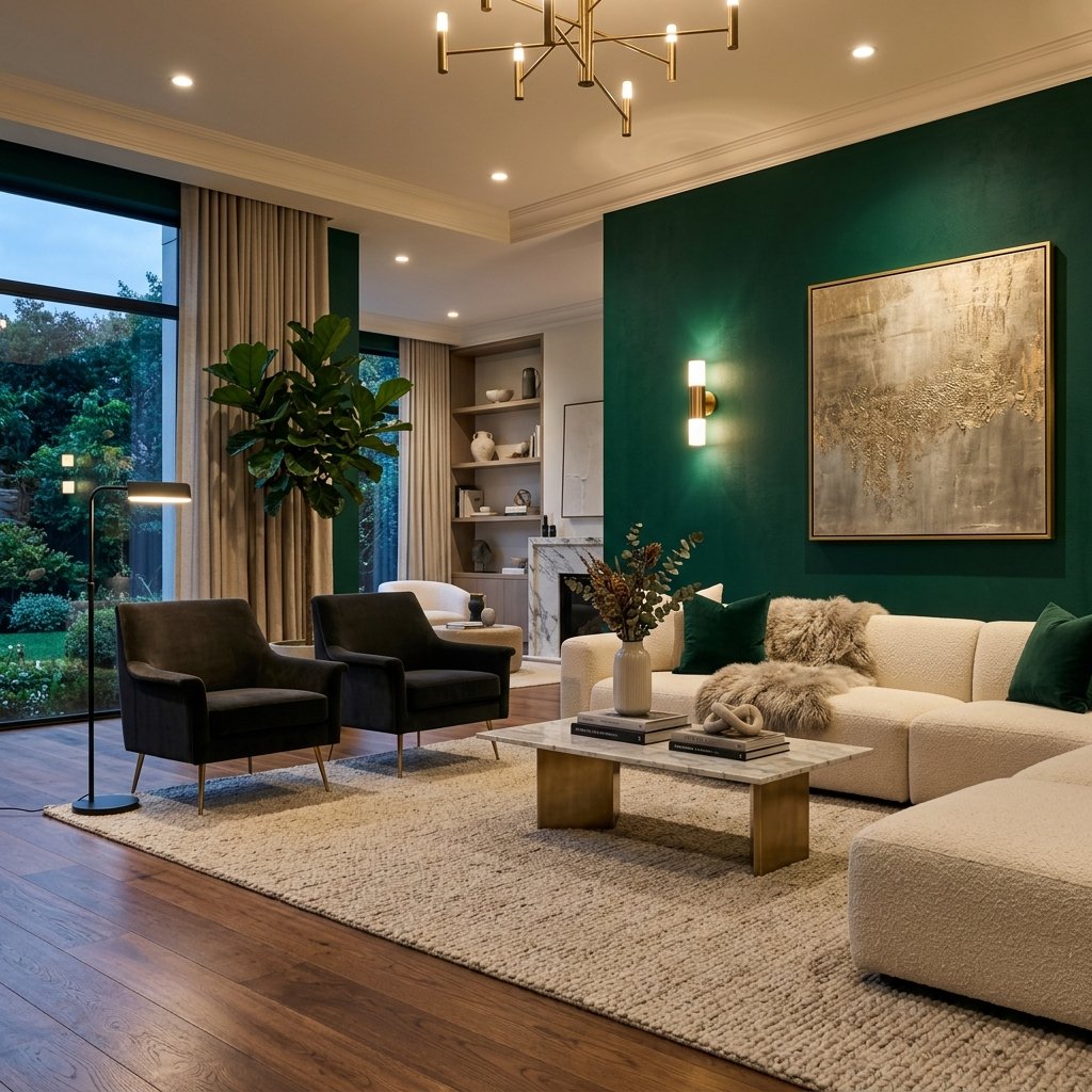 Luxury home interior painted in deep emerald green, showcasing premium finishes and clean woodwork