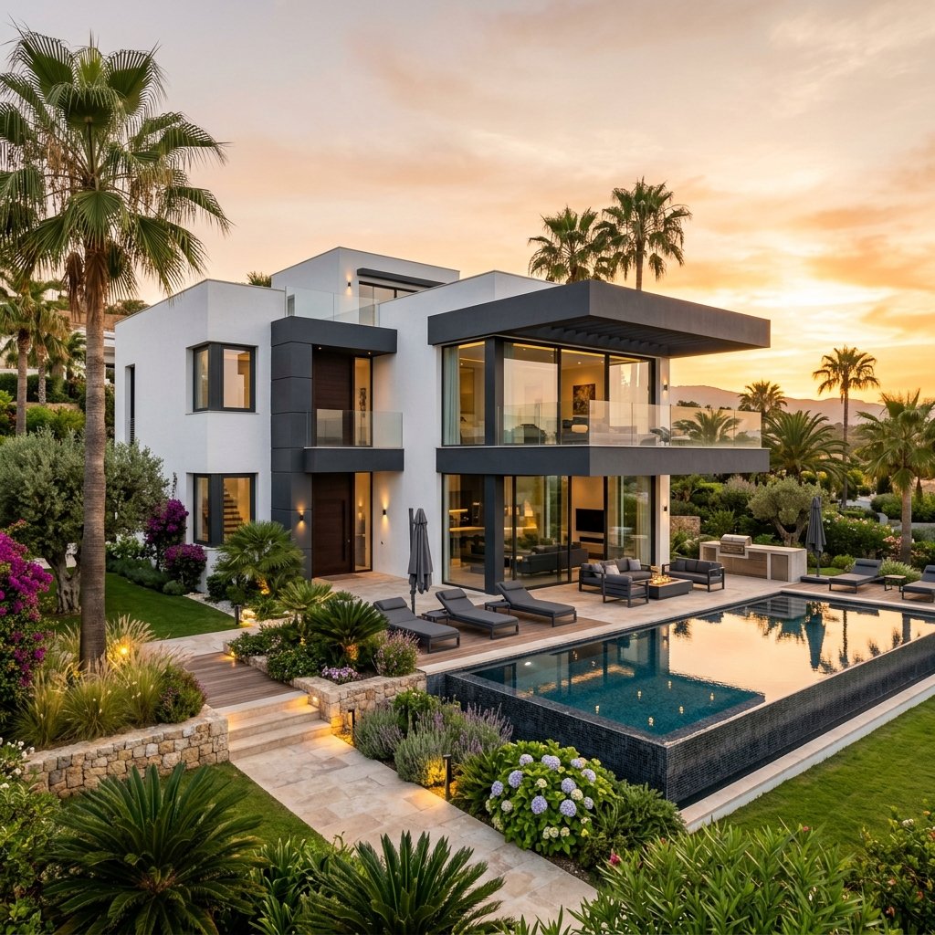 Premium modern home exterior painted in crisp white and charcoal accents, featuring durable weather protection